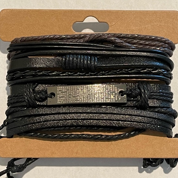 Black Adjustable Leather Braided Bracelet Set Rope Multilayer Wristban - Picture 2 of 7